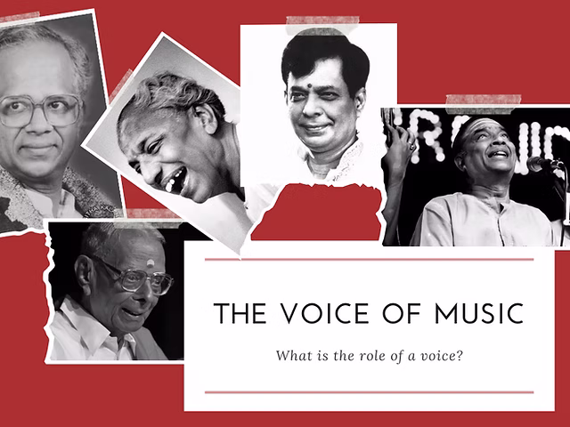Black-and-white portraits of Carnatic vocalists on a deep red ground, titled The Voice of Music